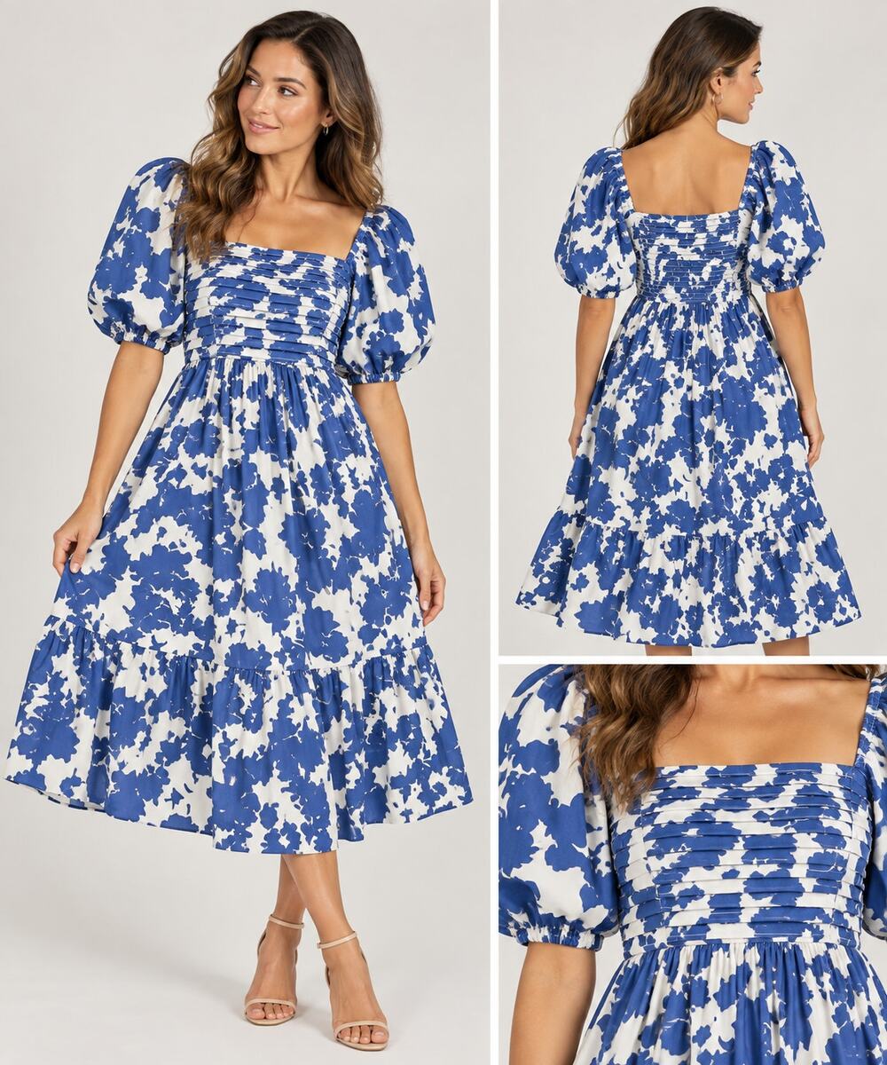 Abercrombie & Fitch Blue White Floral Puff Sleeve Midi Dress Square Neck
